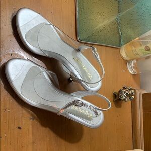 Silver Heels with Textured Fabric and Ankle Strap